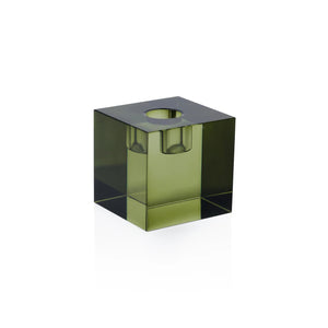 The ZODAX SQUARE CRYSTAL GLASS TAPER HOLDER IN GREEN features a cube shape (6.99 cm per side), a circular top opening, and is shown on a white background.