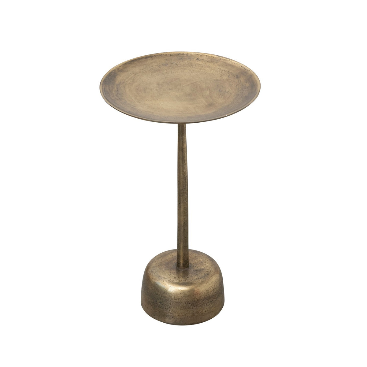 The CREATIVE COOP ALUMINUM SIDE TABLE WITH ANTIQUE BRASS FINISH is a small, round piece showcasing a wide, shallow top, slender central stem, and rounded base. Set against a plain white background, this modern minimalist table features an elegant aluminum construction with an antique brass finish.