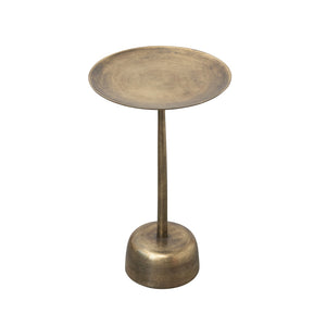 The CREATIVE COOP ALUMINUM SIDE TABLE WITH ANTIQUE BRASS FINISH is a small, round piece showcasing a wide, shallow top, slender central stem, and rounded base. Set against a plain white background, this modern minimalist table features an elegant aluminum construction with an antique brass finish.