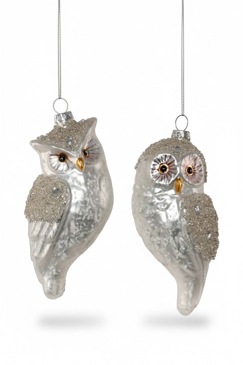 Two silver, glass SILVER OWL ORNAMENTs in assorted styles hanging from silver strings.