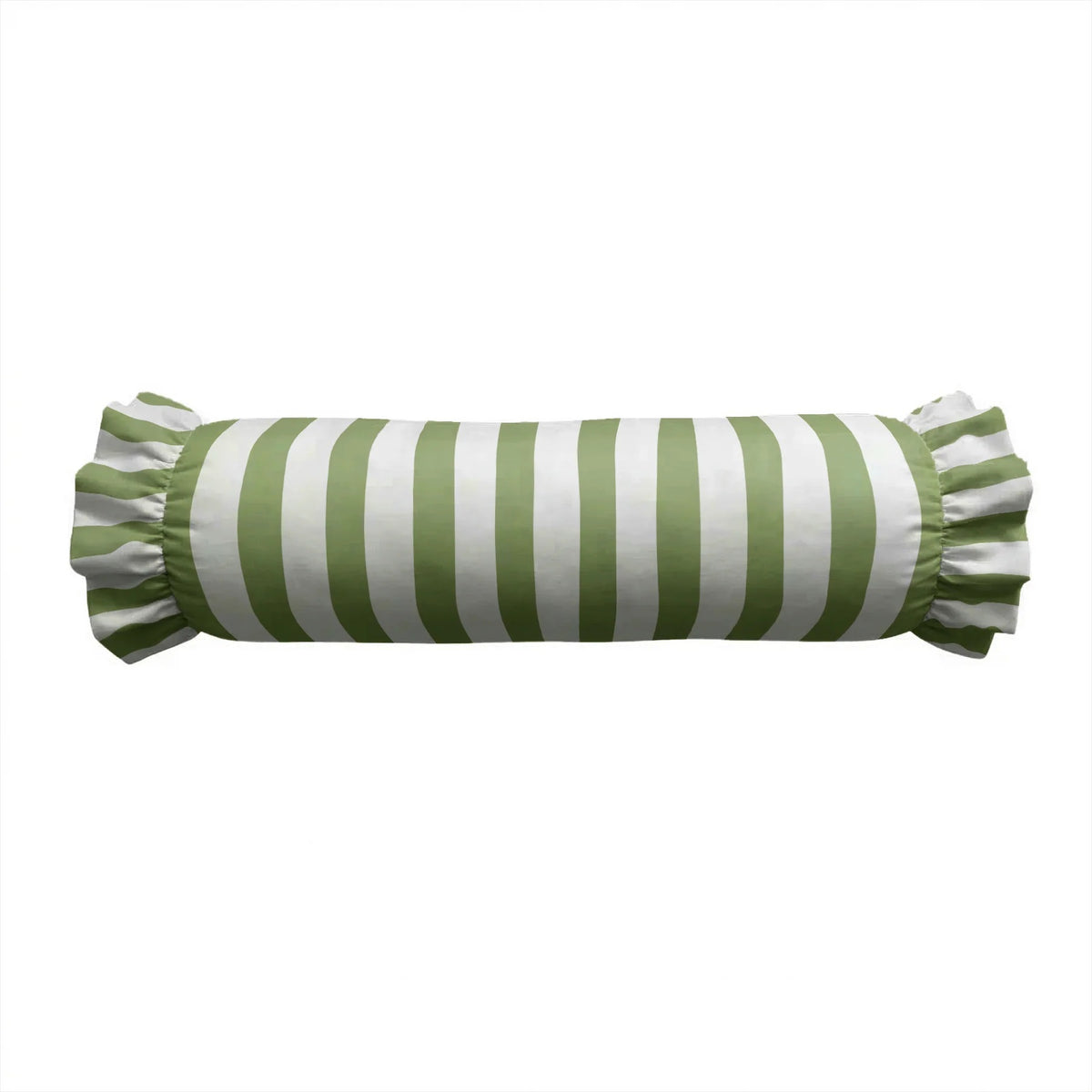 The LOOM & CLOTH Simple Stripe Ruffled Bolster Pillow in Green features a cylindrical design with green and white horizontal stripes and charming ruffled ends. Crafted from 100% cotton, this vintage-chic pillow brings a delightful accent to any space. Displayed on a white background, it perfectly combines classic style with cozy comfort.