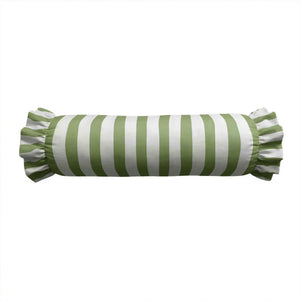 The LOOM & CLOTH Simple Stripe Ruffled Bolster Pillow in Green features a cylindrical design with green and white horizontal stripes and charming ruffled ends. Crafted from 100% cotton, this vintage-chic pillow brings a delightful accent to any space. Displayed on a white background, it perfectly combines classic style with cozy comfort.