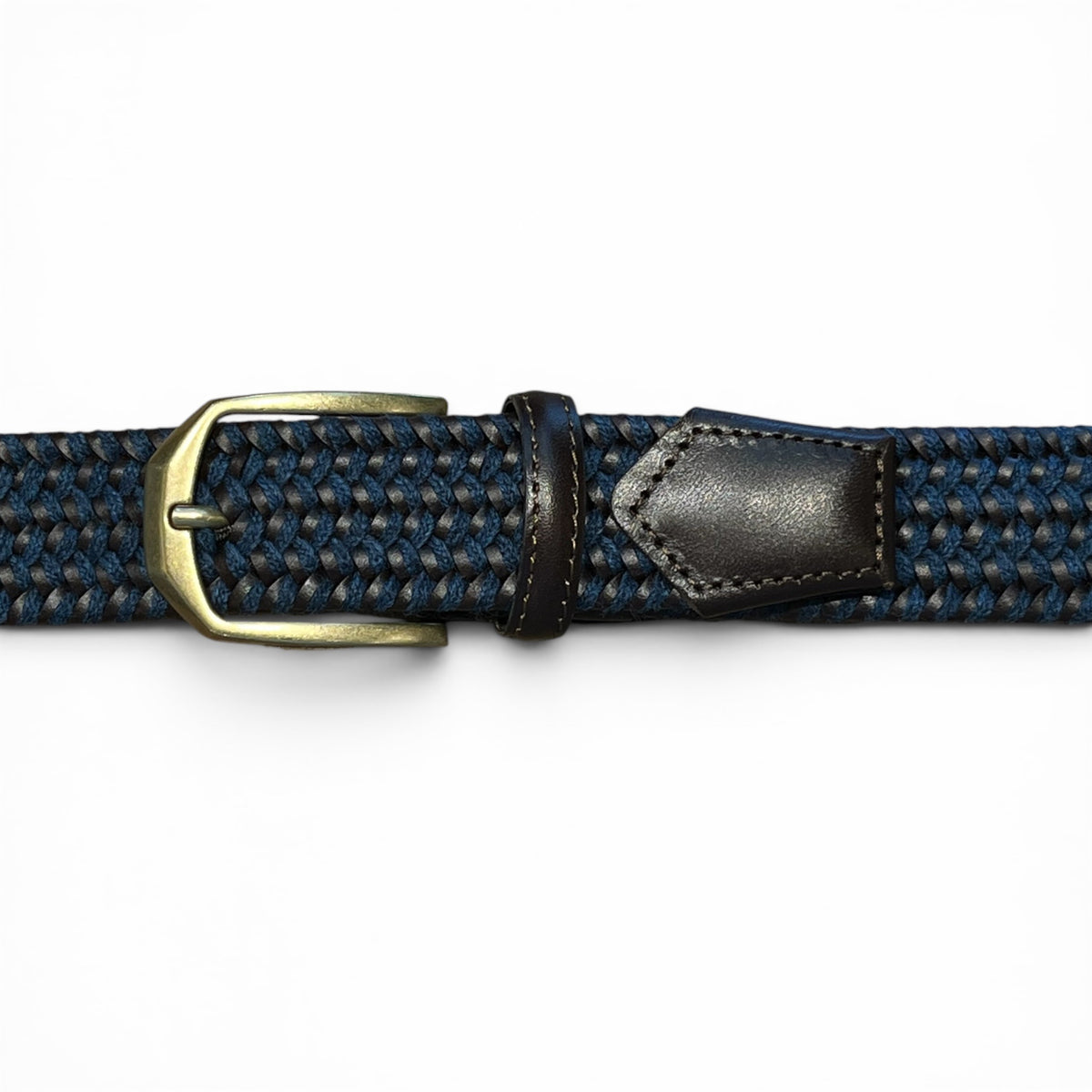 A person wearing a black shirt and grey pants with the ATHISON Braided Leather and Wool Stretch Belt in dark brown and blue.