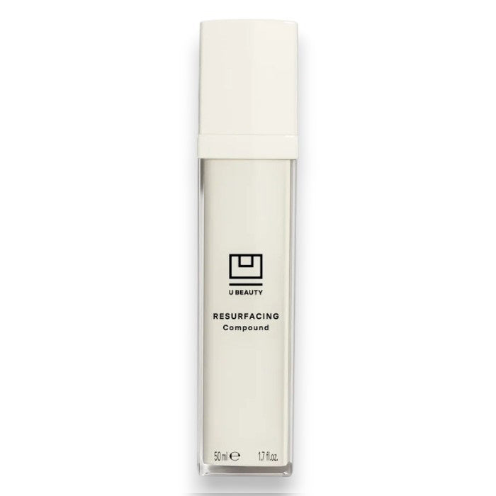 A white rectangular 50ml bottle of U BEAUTY RESURFACING COMPOUND features a white cap and black logo text on the front. This formula helps brighten skin and improve texture for a smoother look.