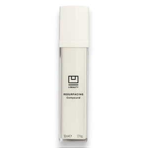 A white rectangular 50ml bottle of U BEAUTY RESURFACING COMPOUND features a white cap and black logo text on the front. This formula helps brighten skin and improve texture for a smoother look.