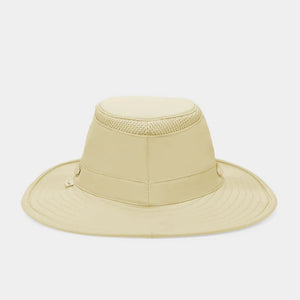 The TILLEY AIRFLO Broad Brim Hat LTM6 in Khaki Olive features mesh ventilation around the crown for outdoor use. Shown on a plain light background, this wide-brimmed sun protection hat is crafted by TILLEY.