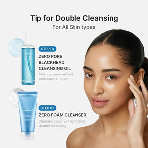 Two clear bottles of KOSMIC KBEAUTY SKINCARE MEDICUBE - ZERO PORE BLACKHEAD DEEP CLEANSING OIL, 205ML, filled with blue liquid, are displayed on a blue background. The accompanying text highlights its benefits for pore care, blackhead removal, and sebum control, showcasing how this deep cleansing oil effectively removes pore buildup for a refreshed complexion.