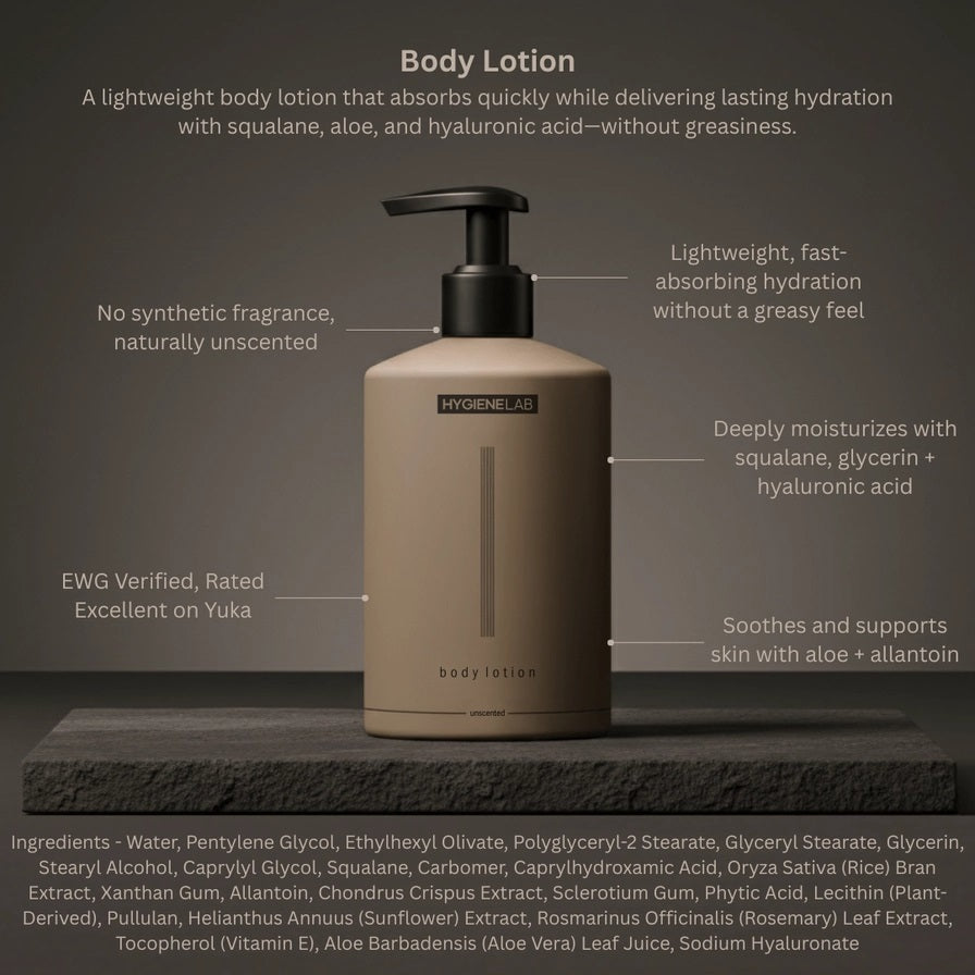 A beige bottle of HYGIENELAB - BODY LOTION, UNSCENTED with a black pump dispenser. The label displays “HYGIENELAB - BODY LOTION, UNSCENTED.” Dermatologist-approved and EWG verified, the design is simple and modern.