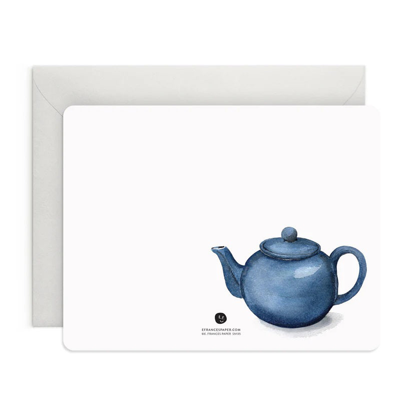 A set of 8 watercolor notecards with envelopes, presented in a light green box. Each card features a blue floral-patterned teacup on a saucer. The band around the box reads "E. FRANCES PAPER - SPOT OF TEA FLAT NOTES.
