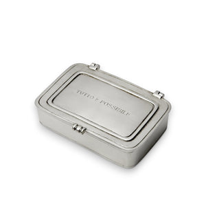 A large, rectangular MATCH TUTTO E POSSIBILIE BOX by MATCH with its lid open. "TUTTO E POSSIBILIE" is engraved inside the lid. The background is plain white.