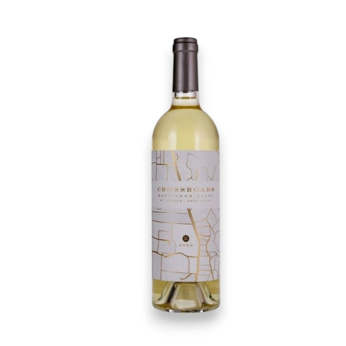 A bottle of RUDD 'CROSSROADS' Sauvignon Blanc 2022 from WINE: GRAPEVINE features abstract line art with gold accents on the label, a metallic screw cap with 