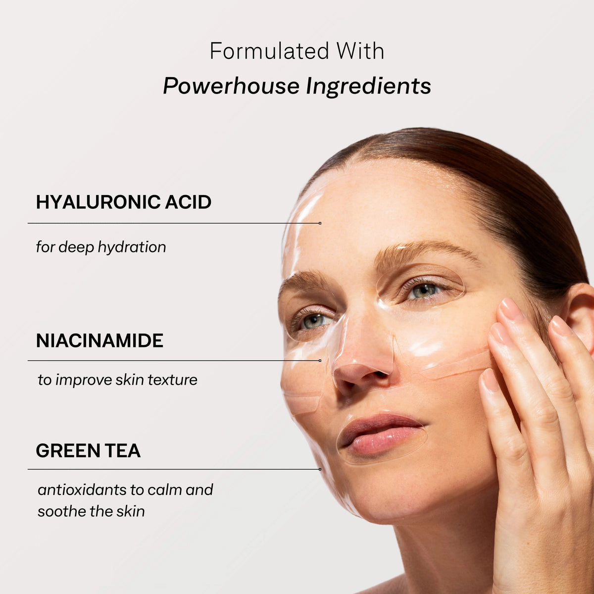 A packet from the OMNILUX - HYDROGEL FACIAL MASKS, 3 PACK, by OMNILUX, appears in white with blue accents and a gold logo, displaying English and French text on the front. The packaging highlights its infusion with Hyaluronic Acid and is centered against a plain white background.