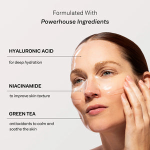A packet from the OMNILUX - HYDROGEL FACIAL MASKS, 3 PACK, by OMNILUX, appears in white with blue accents and a gold logo, displaying English and French text on the front. The packaging highlights its infusion with Hyaluronic Acid and is centered against a plain white background.