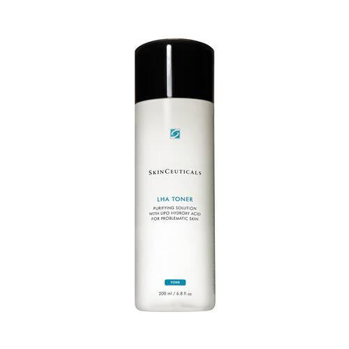 A bottle of SKIN CEUTICALS LHA Toner is shown. The white bottle with a black cap features blue and black text that reads &quot;SKINCEUTICALS - LHA TONER Purifying Solution with Lipo-Hydroxy Acid and Salicylic Acid for Problematic Skin.&quot; The bottle size is 200 ml / 6.8 fl. oz.
