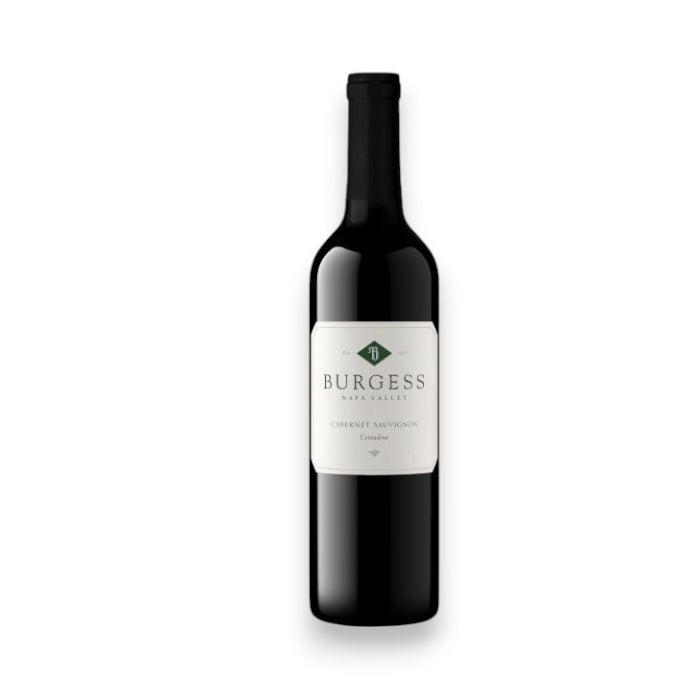 A dark glass wine bottle with a light label displaying "BURGESS 'CONTADINA' CABERNET 2018" from WINE: EMPIRE DISTRIBUTING. The minimally designed label, evocative of rich blackberry tones, is centered on the bottle against a white background.