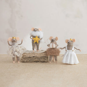 Four handmade CREATIVE COOP FELT PARTY MOUSE ORNAMENTS, each wearing a crown and festive outfit; one holds a gold star, while others sport textured dresses and party-inspired looks, all hanging by a string.