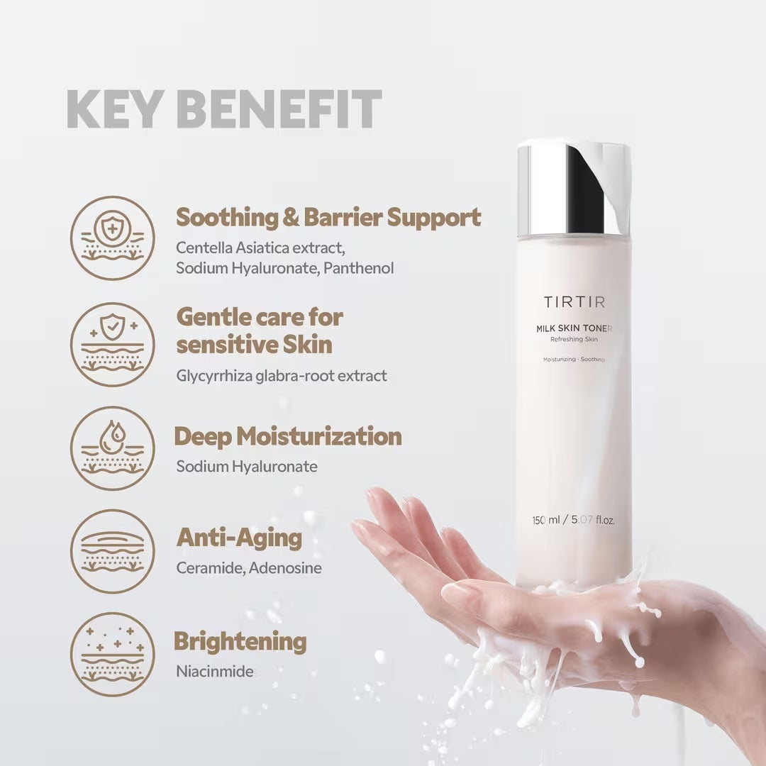 A 50 ml (1.69 fl. oz.) bottle of TIRTIR - MILK SKIN TONER MINI by KOSMIC KBEAUTY SKINCARE features a silver cap and white label with product details. This brightening toner delivers deep hydration for a radiant, glass skin effect.