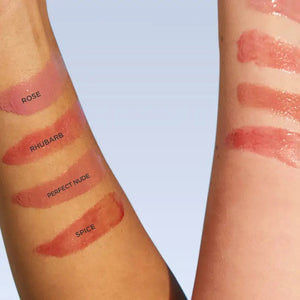 Two arms display swatches of four LANOLIPS TINTED LANOLIN LIP BALM shades—Rose, Rhubarb, Perfect Nude, and Spice—demonstrating the color differences on various skin tones against a pale blue background. The collection features options ideal for anyone wanting a nude lip tint or the nourishing benefits of a LANOLIPS lanolin lip moisturizer.
