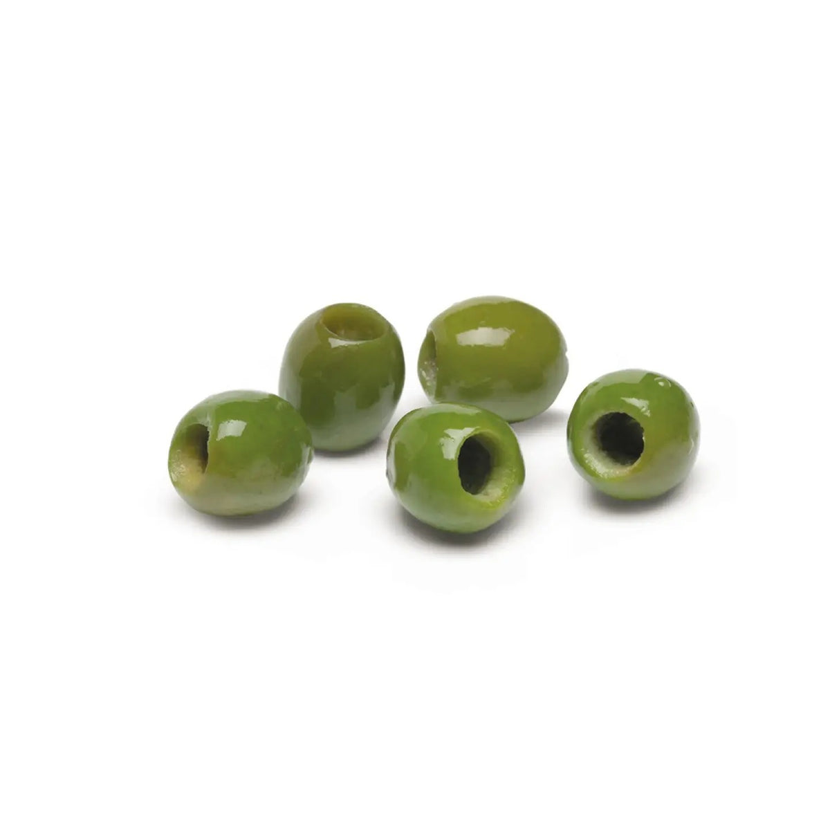 A glass of clear liquid with three DIVINA - ORGANIC PITTED CASTELVETRANO OLIVES on a skewer rests on top. Nearby, a bowl of DIVINA olives, a knife, and part of a wooden board are visible.