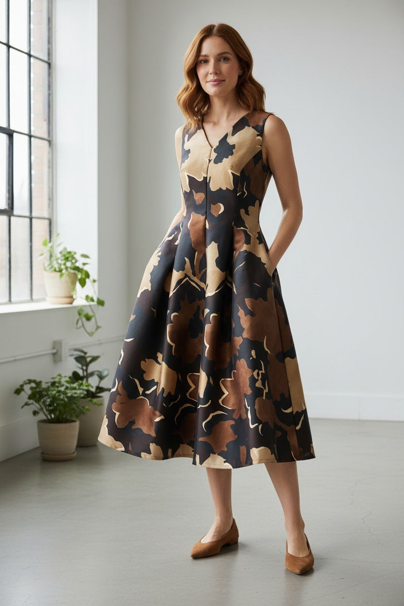 A woman stands with her hands in the pockets of the PARVATI DRESS by ALYKI LABORATORIO, a sleeveless, V-neck, calf-length dress featuring a brown and black abstract floral pattern, styled with black knee-high boots.