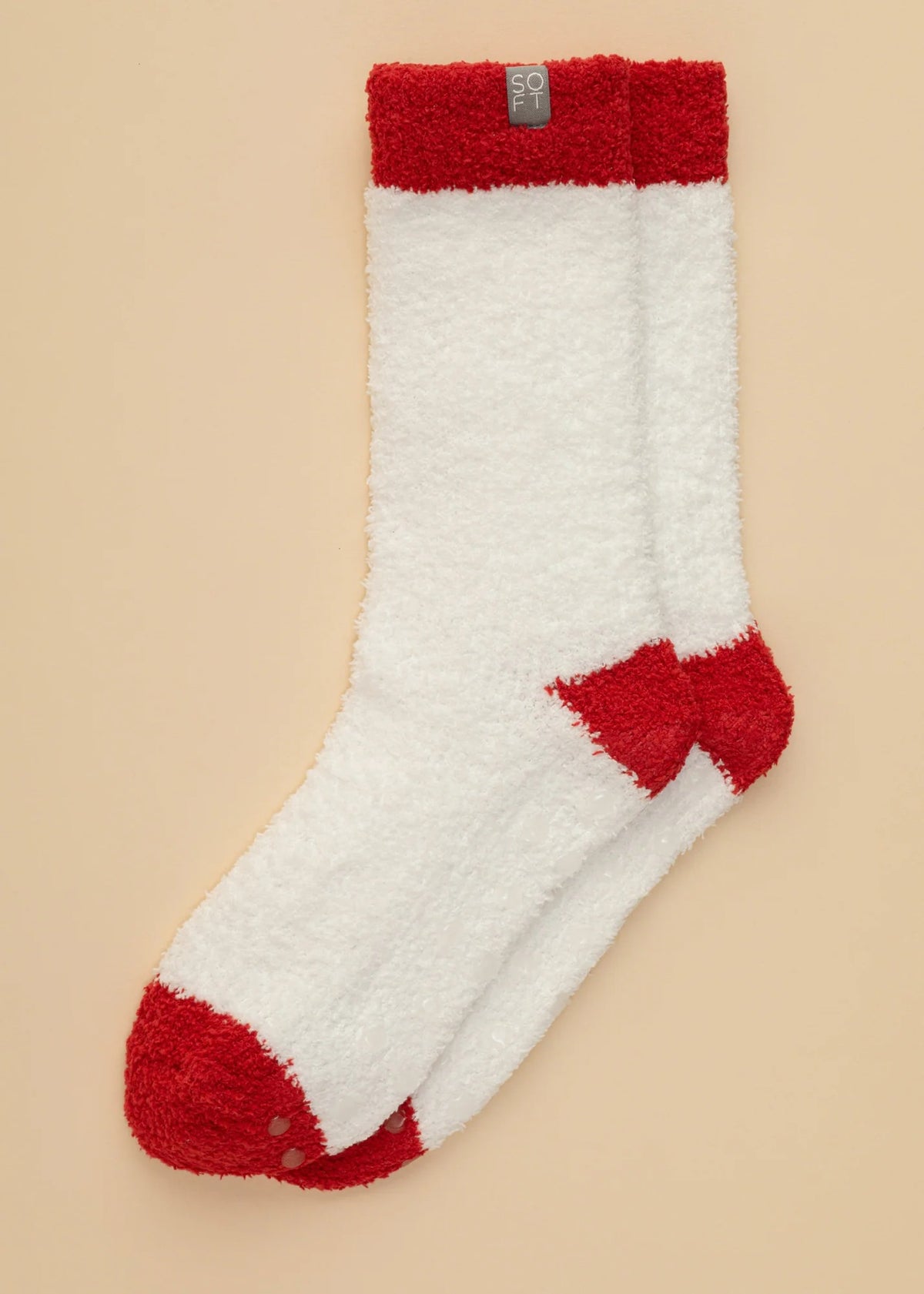 SOFTIES - MARSHMALLOW CREW SOCKS IN WHITE WITH RED HEEL, featuring fuzzy white knit with red toes, heels, and cuffs.
