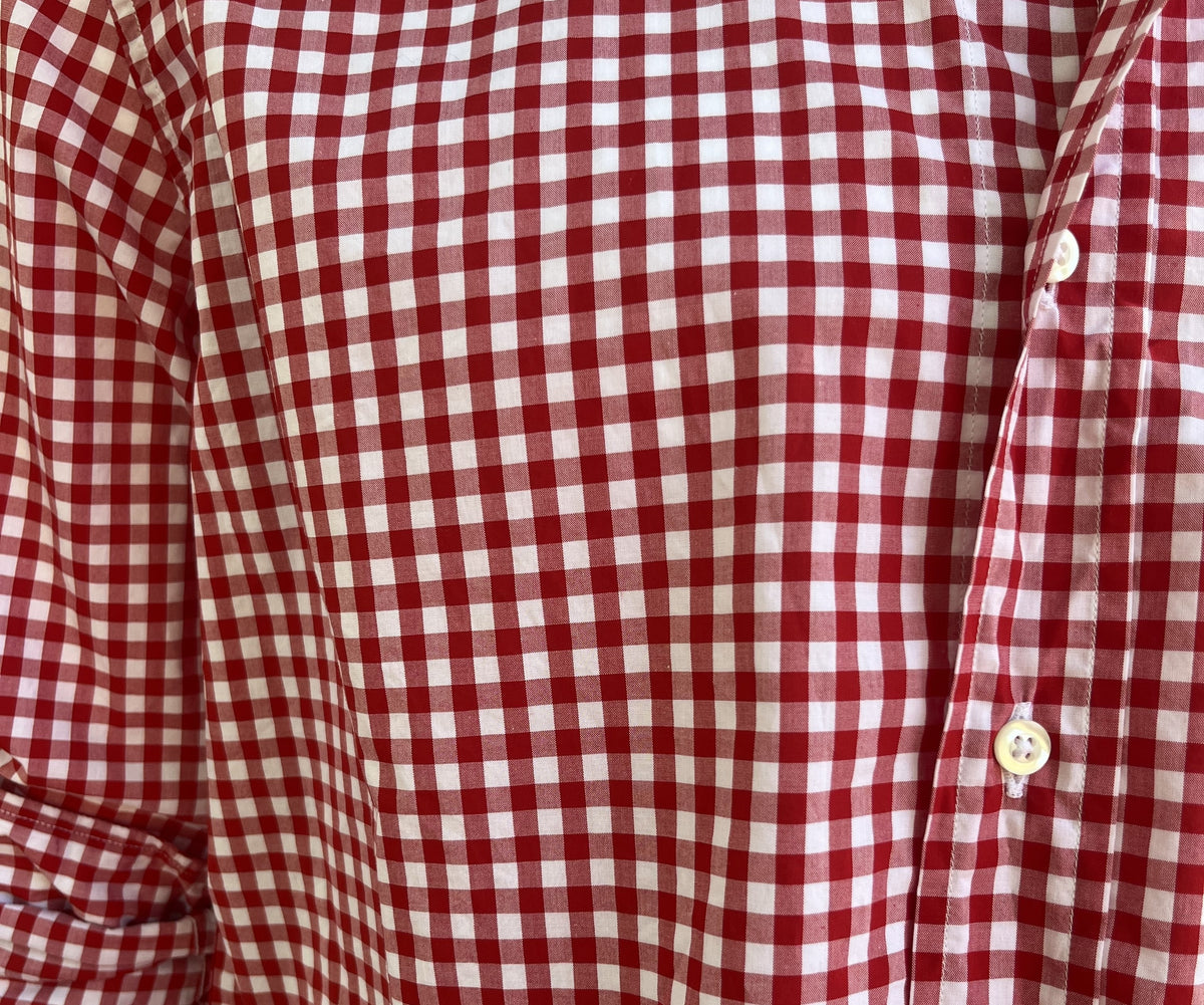 The FRANK & EILEEN Finbar Men's Button Up Shirt in Red and White Check features Italian cotton, a collar, and rolled-up sleeves, shown on a white background.