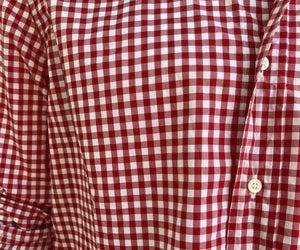 The FRANK & EILEEN Finbar Men's Button Up Shirt in Red and White Check features Italian cotton, a collar, and rolled-up sleeves, shown on a white background.