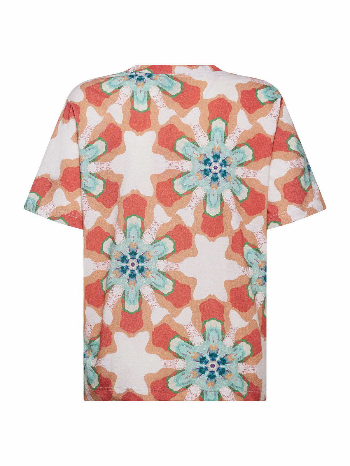 The FRANCO FERRARI PRINT COTTON T-SHIRT combines artistic flair with a colorful geometric star pattern in white, teal, orange, and blue on an orange background, making it ideal for elevated casual wear.