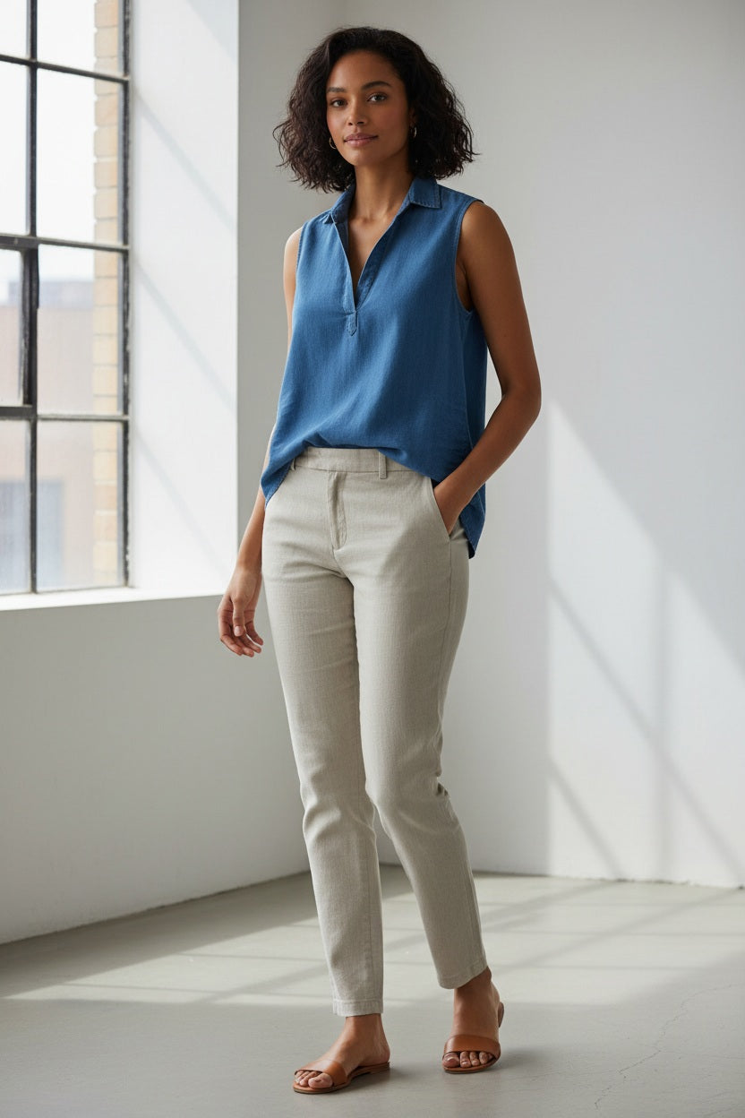 A woman with curly hair wears the FRANK &amp; EILEEN Olivia Popover Henley Tank in Famous Denim Stonewashed Indigo, paired with a white skirt, standing outdoors in a sunlit garden surrounded by trees.