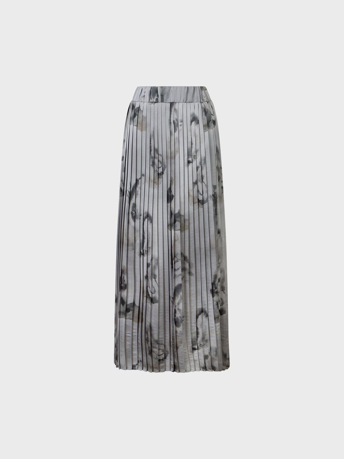 The SANDRO FERRONE Pleated Maxi Skirt in grey, by Sandro Ferrone, features a gray and black abstract pattern and is shown against a plain white background.