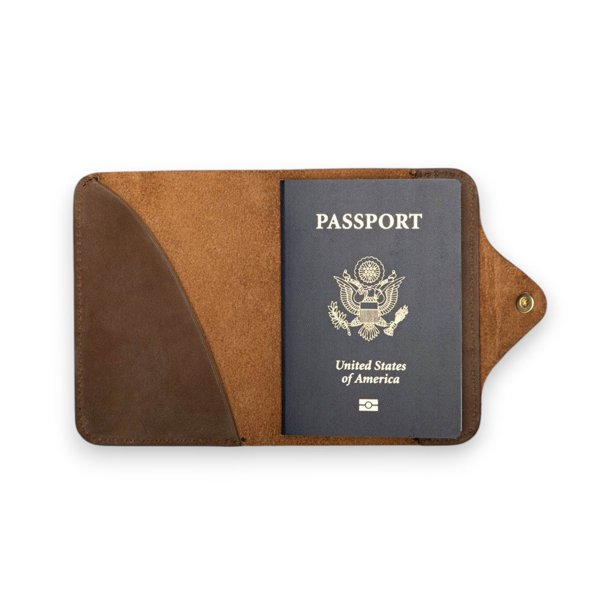 The WP STANDARD - LEATHER PASSPORT WALLET IN CHOCOLATE BROWN features stitched edges and a snap button closure, making it an ideal travel accessory. Shown here against a white background.