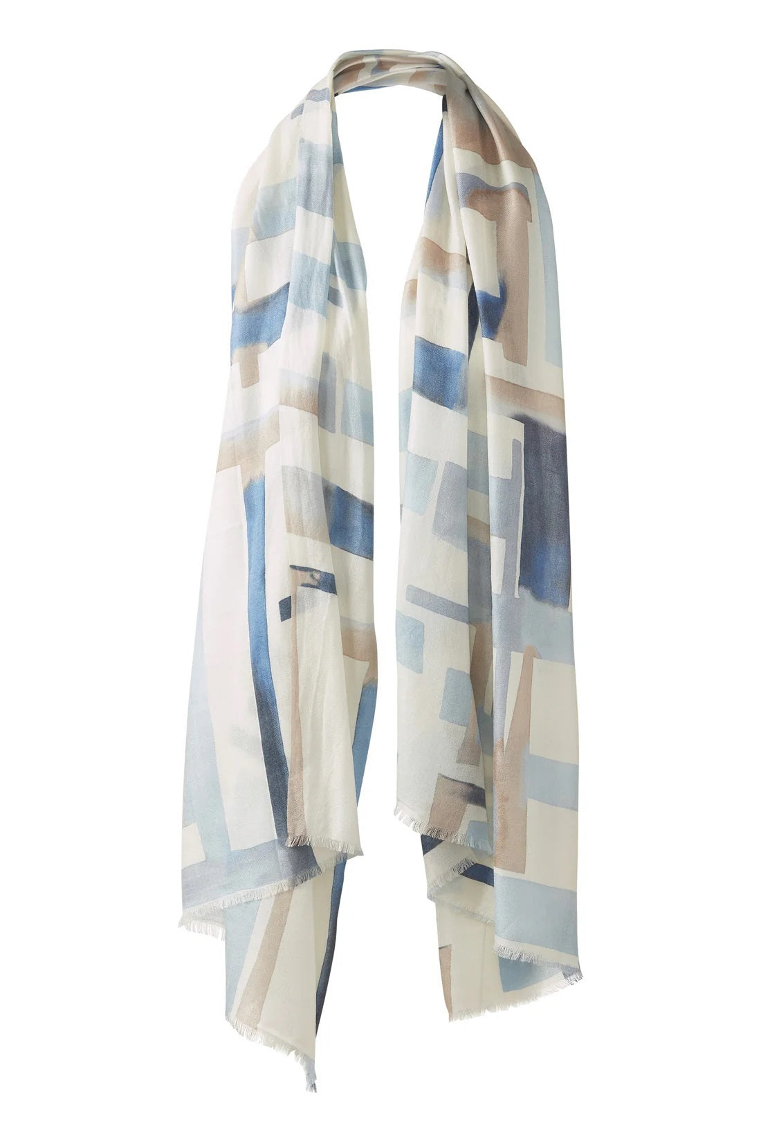 The KINROSS GEO PRINT CASHMERE SCARF features an abstract geometric pattern in blue, beige, and white on soft cashmere with frayed edges and a flowing texture.