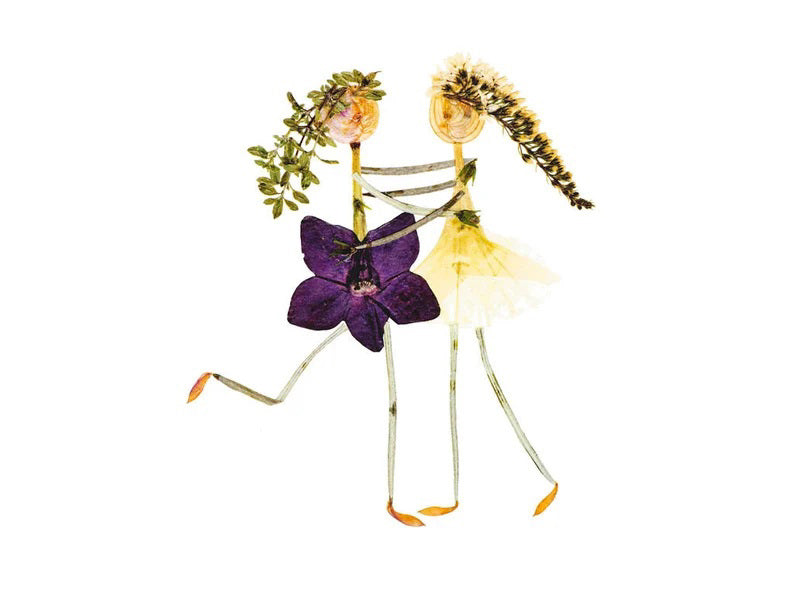 The PETAL PEOPLE PRESS - BEST FRIENDS CARD by PETAL PEOPLE PRESS features two whimsical figures crafted from dried flowers and leaves. Against a white background, one figure dons a purple flower and the other a yellow one, creating a playful, nature-inspired scene ideal for any greeting card.
