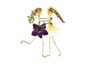 The PETAL PEOPLE PRESS - BEST FRIENDS CARD by PETAL PEOPLE PRESS features two whimsical figures crafted from dried flowers and leaves. Against a white background, one figure dons a purple flower and the other a yellow one, creating a playful, nature-inspired scene ideal for any greeting card.