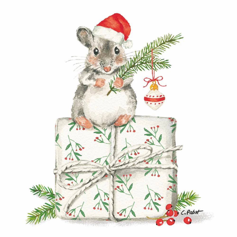 The PAPER PRODUCTS DESIGN - CHRISTMAS MOUSE BEVERAGE NAPKINS by PAPER PRODUCTS DESIGN feature a cute mouse in a Santa hat with a pine twig on a gift, plus festive ornaments and berries on chlorine-free 3-ply paper napkins.
