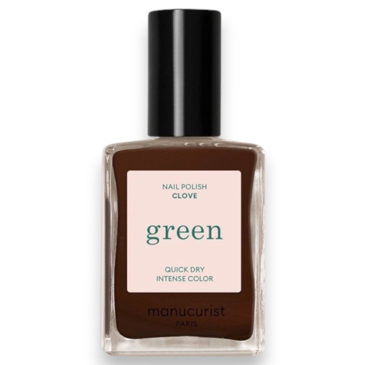 A bottle of MANUCURIST - GREEN™ Nail Polish in Clove by MANUCURIST INC, featuring a rich chocolate brown shade and a black cap. The label reads “green quick dry intense color.”.