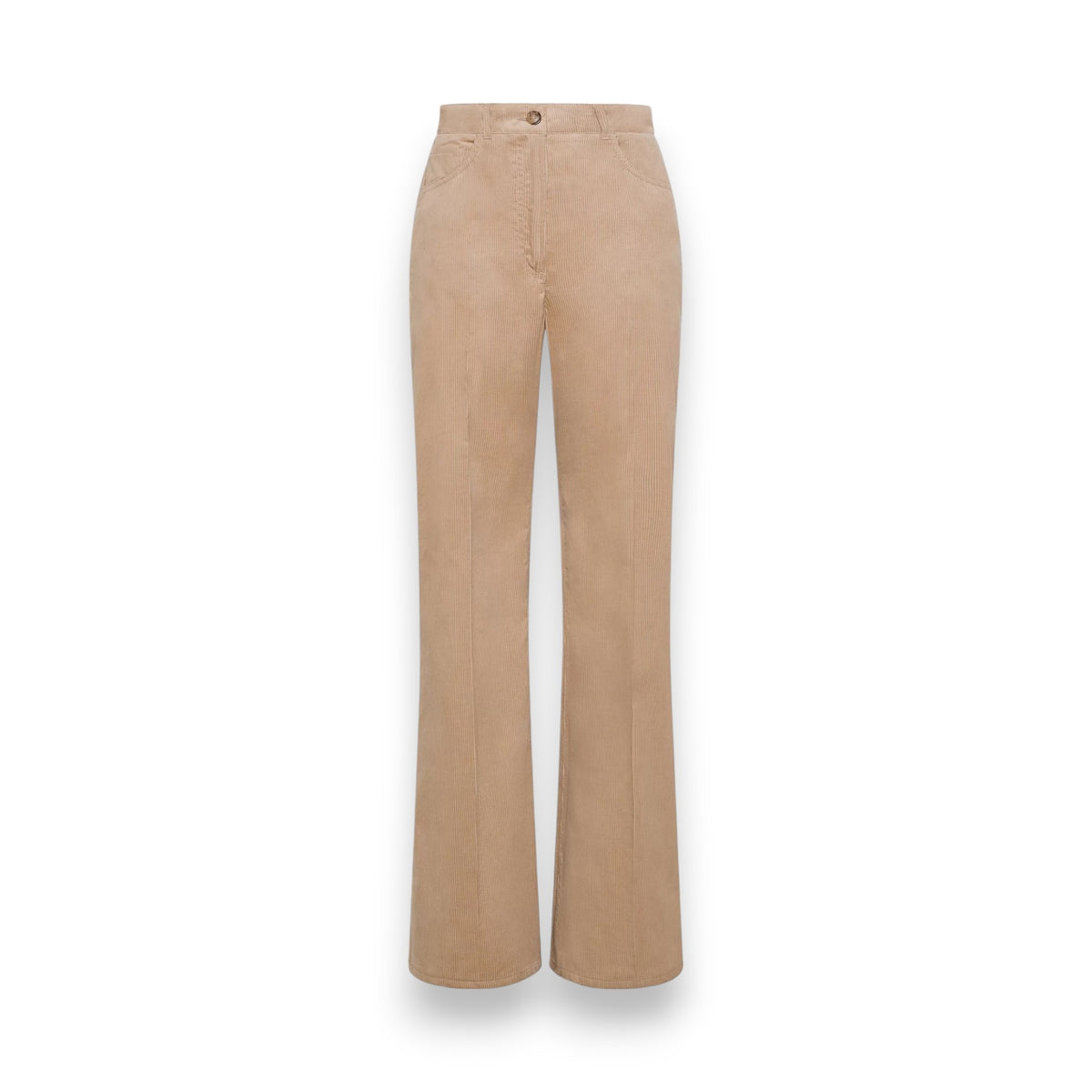 A person with long brown hair confidently poses in a studio, wearing a tan button-up jacket, white shirt, and SEVENTY&#39;s HIGH-WAISTED LIGHTWEIGHT CORDUROY WIDE LEG PANT. They have a casual, relaxed expression against a neutral backdrop.