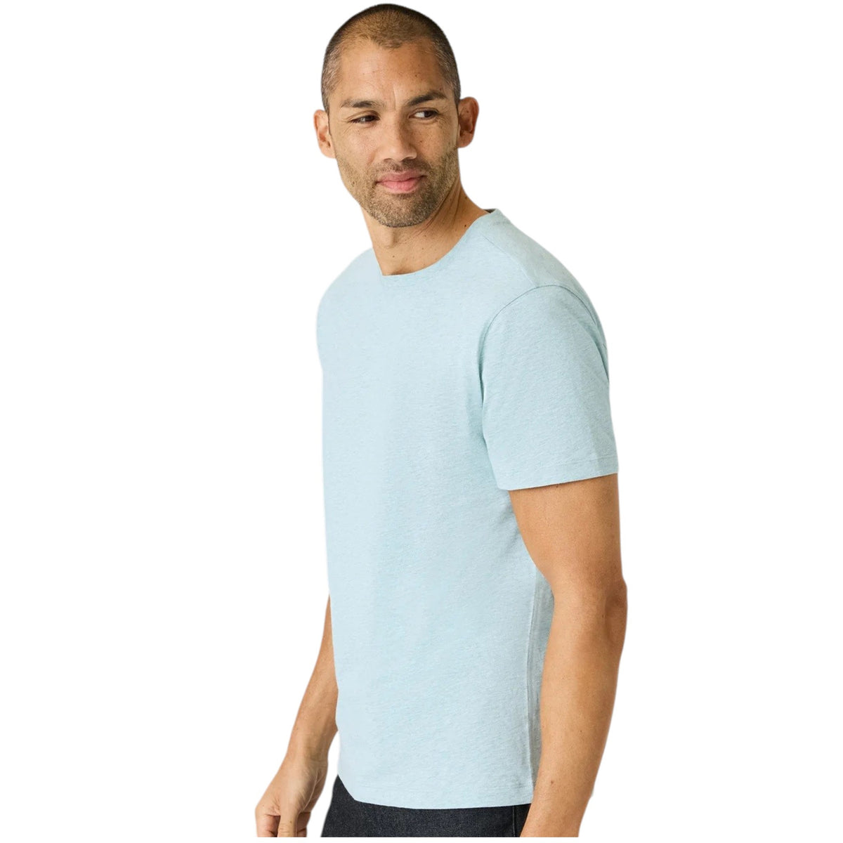 The MACK WELDON Slub Cotton Crew Neck T-Shirt in Nile Blue Heather features soft slub cotton, a classic short-sleeve design, and a laid-flat presentation on a white background.