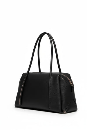 OLIVEVE Solara Satchel in black Italian buffalo cowhide with long handles, a side zipper, and a top zipper closure.