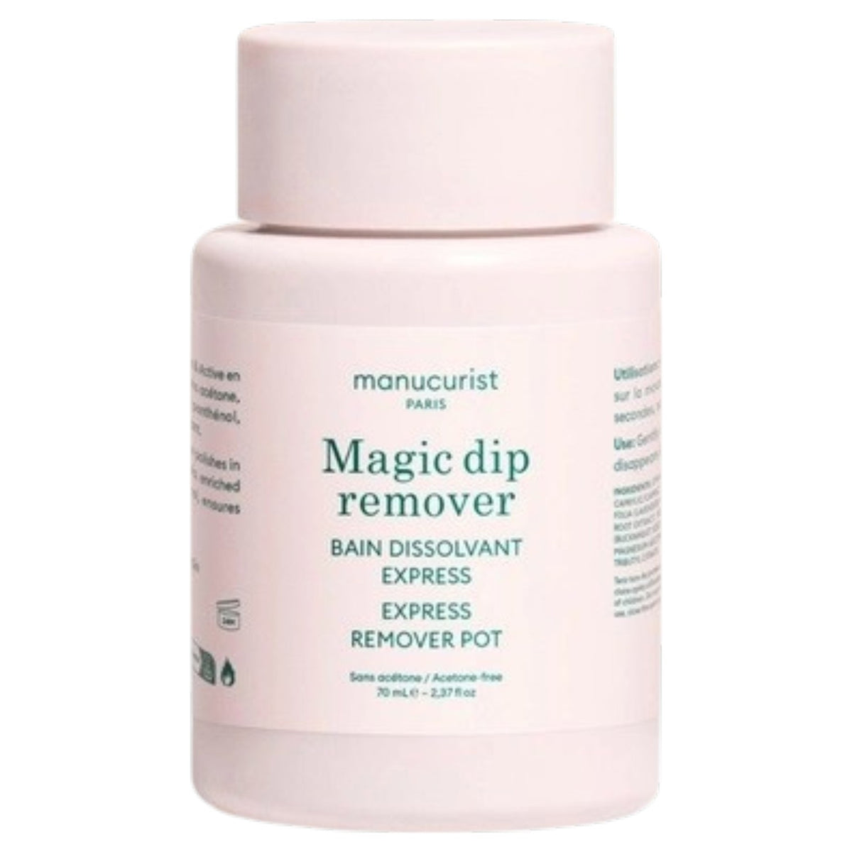 The MANUCURIST - MAGIC DIP REMOVER by MANUCURIST INC comes in a white plastic 70 mL bottle with a screw-on cap, featuring green and pink text on the label. This acetone-free, vegan nail polish remover is designed to gently remove polish and is conveniently travel-friendly for use on the go.
