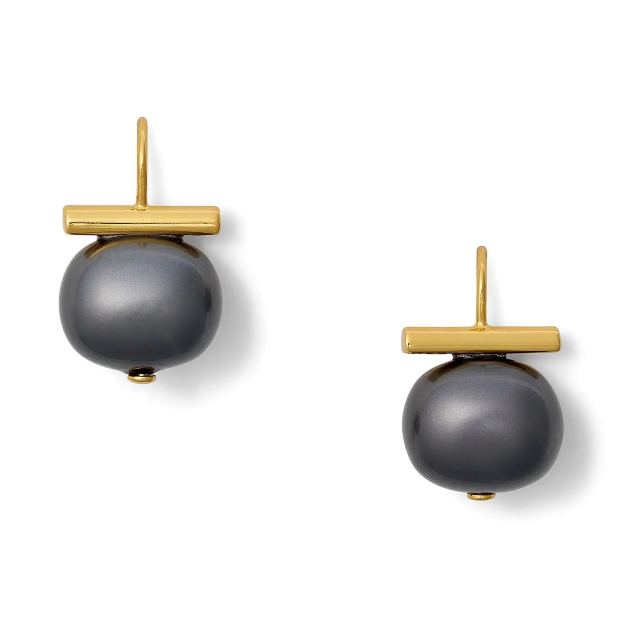Introducing the CC & CO BY CATHERINE CANINO - FOREVER FAVE PEBBLE PEARL EARRINGS IN NOIR LUXE BLACK. These elegant earrings by CC & CO BY CATHERINE CANINO each showcase a horizontal gold bar above a single, round, glossy black pearl. Crafted with gold over brass and finished with a hypoallergenic coating, these earrings blend modern simplicity with striking contrast—perfect for sensitive ears seeking both style and comfort.