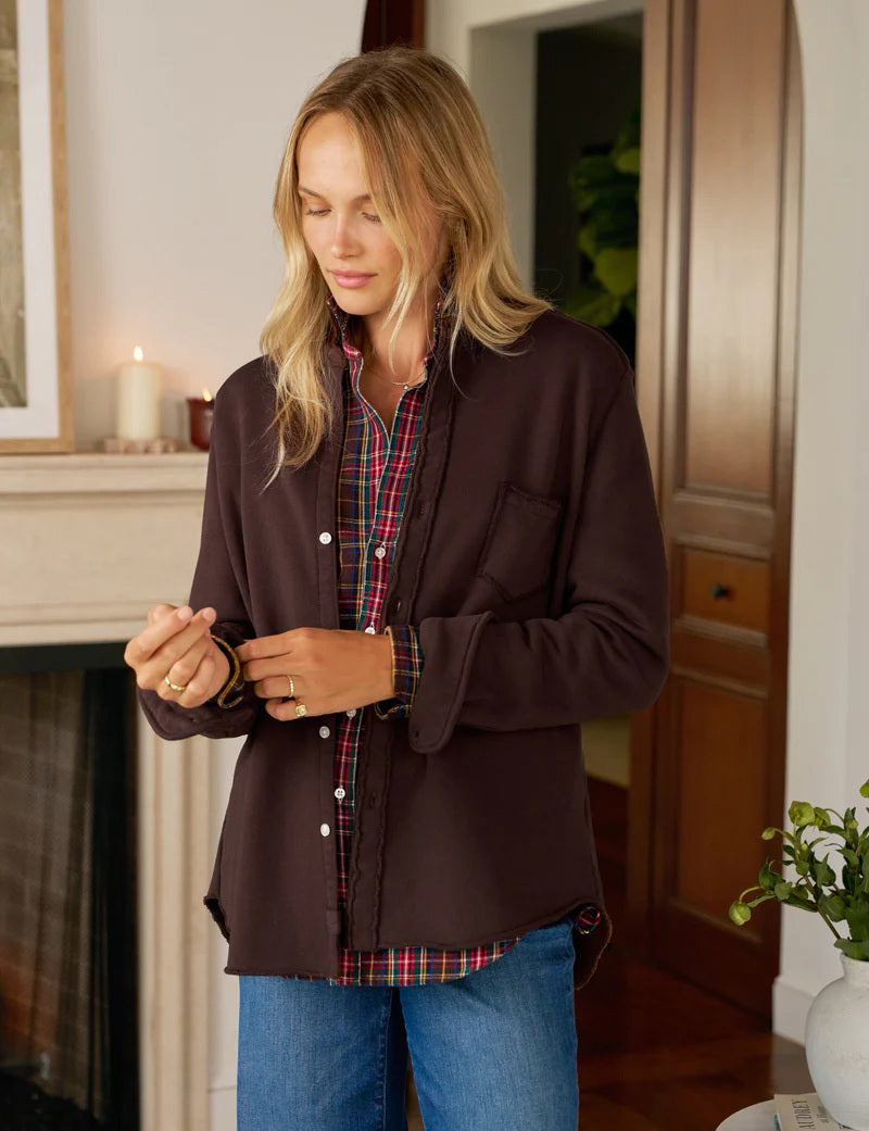 The FRANK &amp; EILEEN EILEEN Relaxed Button Up Shirt in Triple Fleece Coco features long sleeves, a collar, front chest pocket, folded cuffs, and is crafted from 100% cotton. Shown on a white background.
