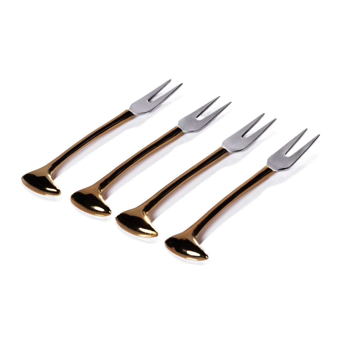 A set of four ZODAX Cheese and Cocktail Forks is arranged diagonally on a white background, their gold handles reflecting the light.