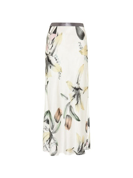The MIRTO 1956 Botanical Print Midi Skirt features a flowing silhouette, showcasing large, soft-colored flowers and leaves on a light background, complemented by a sleek gray waistband.