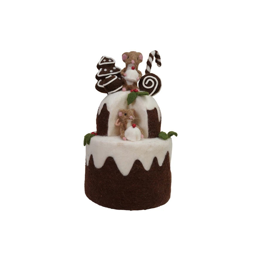 The CREATIVE COOP FELT 2 TIER CAKE WITH GINGERBREAD COOKIES AND MICE features handmade wool felt, white icing, felt mice, candy canes, holly, and comes with matching cupcakes with felt mice, all displayed on a light background.