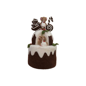 The CREATIVE COOP FELT 2 TIER CAKE WITH GINGERBREAD COOKIES AND MICE features handmade wool felt, white icing, felt mice, candy canes, holly, and comes with matching cupcakes with felt mice, all displayed on a light background.