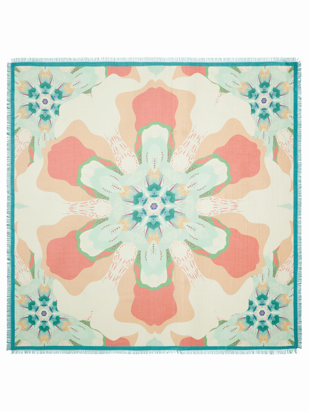 The FRANCO FERRARI Diletto Cotton Silk Scarf in Coral is designed with vibrant floral patterns and a teal border. Made from a luxurious cotton-silk blend, it features a triangular shape with fringed edges, reminiscent of Franco Ferrari scarves, and is set on a plain white background.