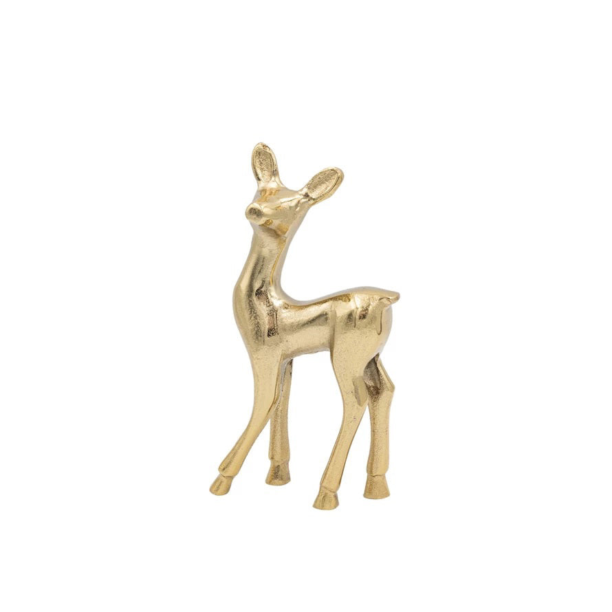 The CREATIVE COOP CAST ALUMINUM DEER WITH GOLD FINISH - SMALL is a decorative figurine featuring a gold-finished deer standing on four legs and gazing upward, shown against a plain white background.