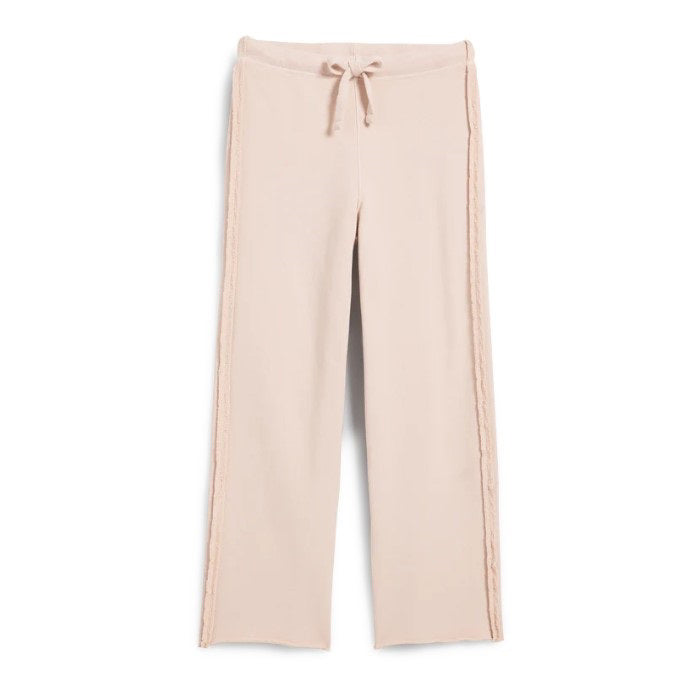The FRANK &amp; EILEEN BELLA ITALIAN SWEATPANT is a light beige, wide-leg knit pant with a drawstring waist and subtle side trim, shown flat on a white background.