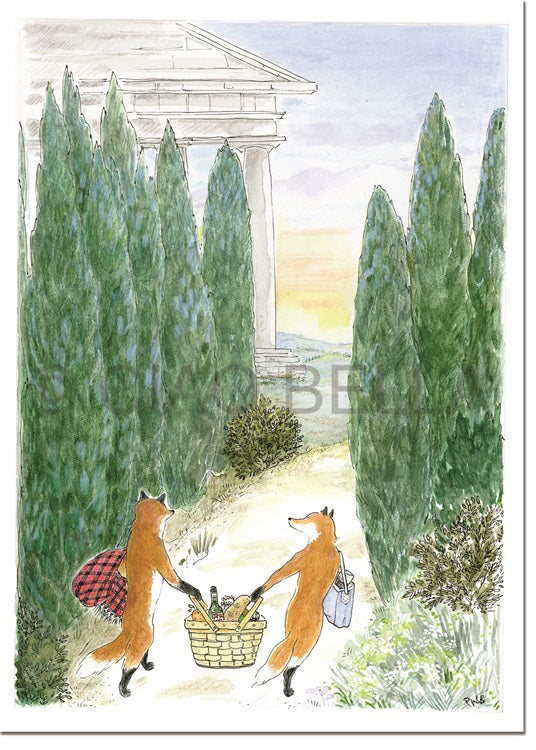 Illustration of two anthropomorphic foxes walking through a path lined with tall green trees. They are carrying a basket together, filled with wine bottles, while one fox has a red checkered bag and the other carries a blue tote. Envelopes and CIAO BELLA - VIA ANTICA CARDS are tucked inside the bags as they pass by a temple in the background.